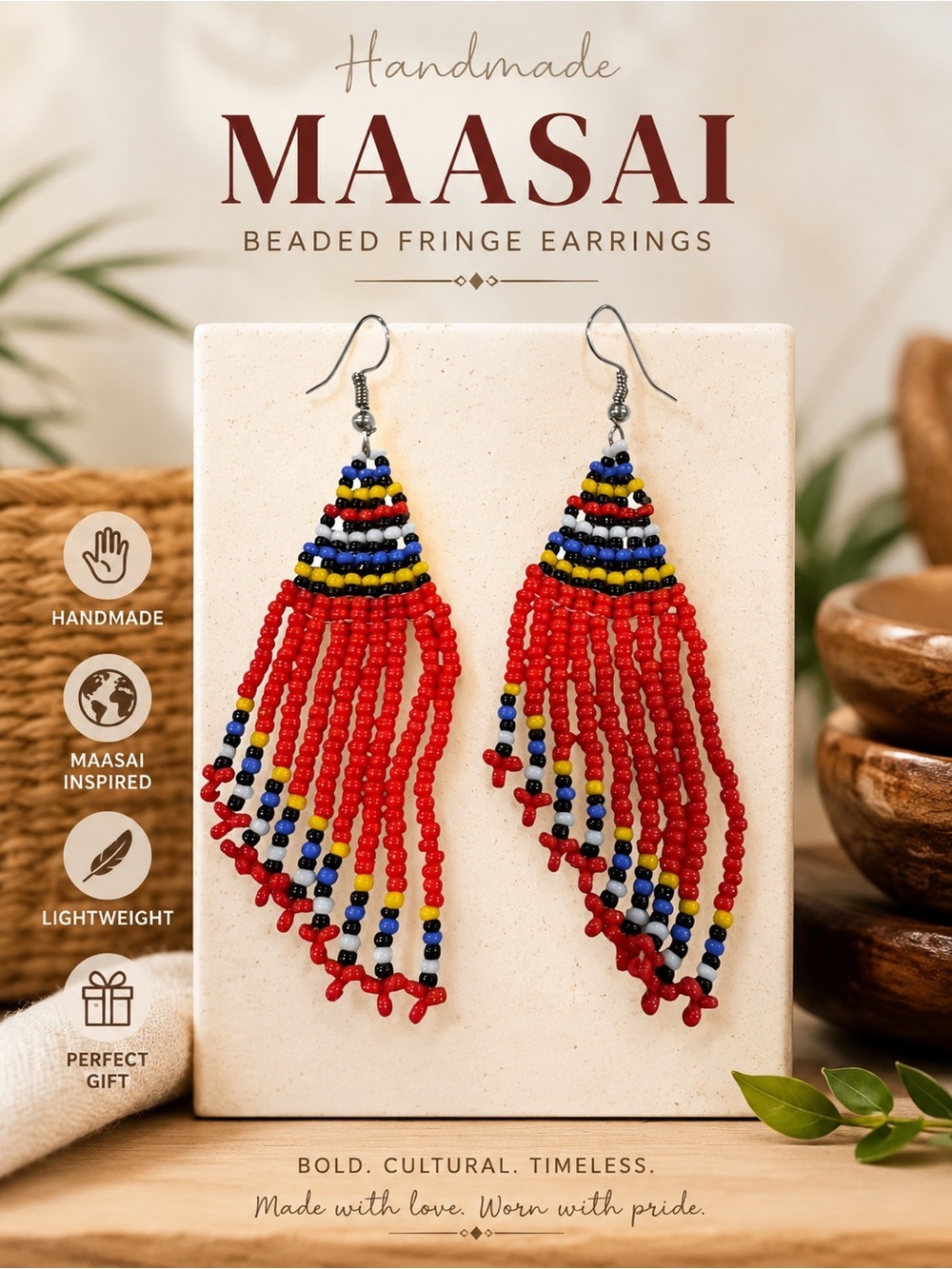 Handmade Maasai Beaded Fringe Earrings Red Tribal Boho Statement Jewelry